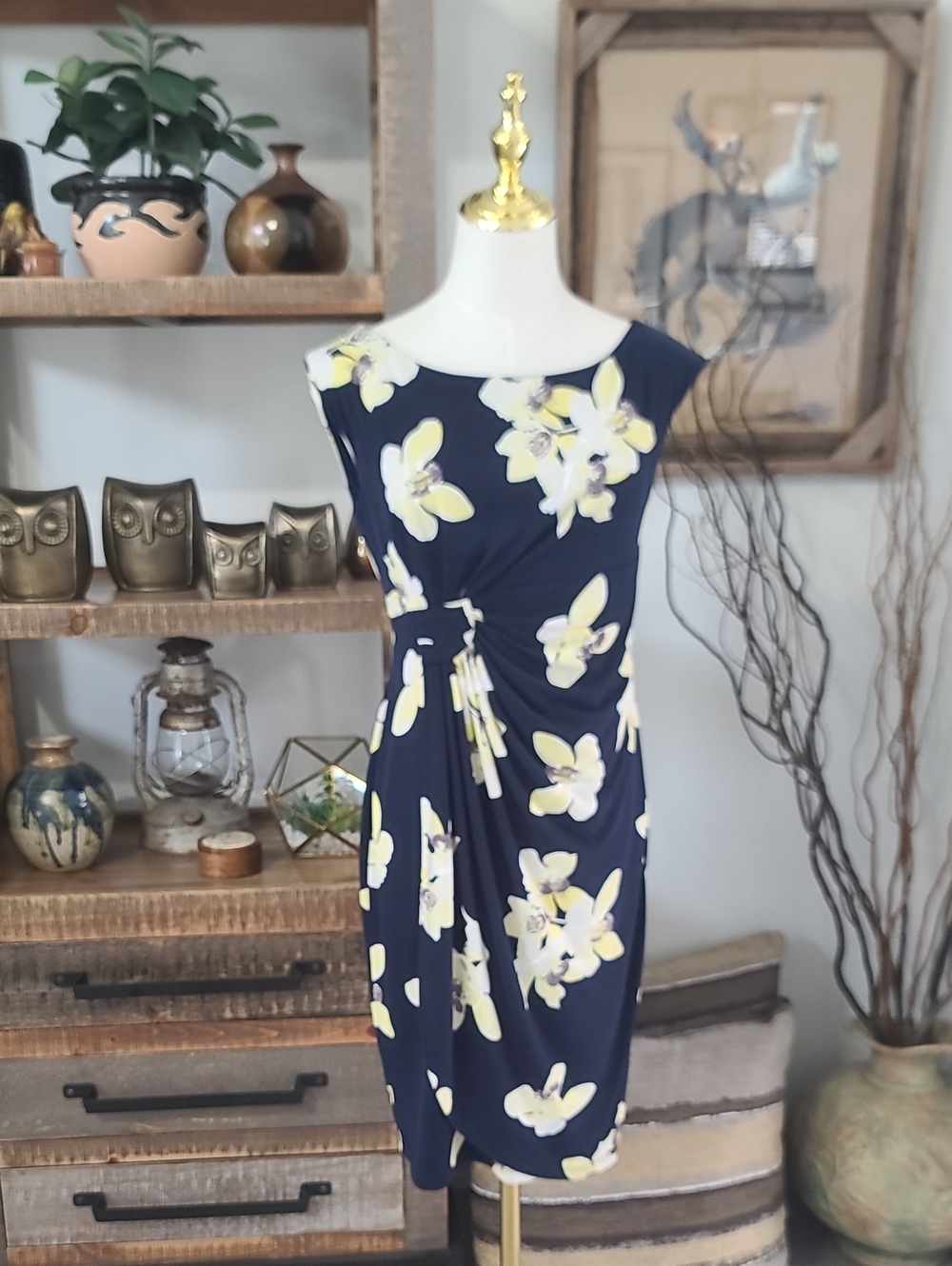 connected apparel Navy Midi Dress with Yellow Floral Print